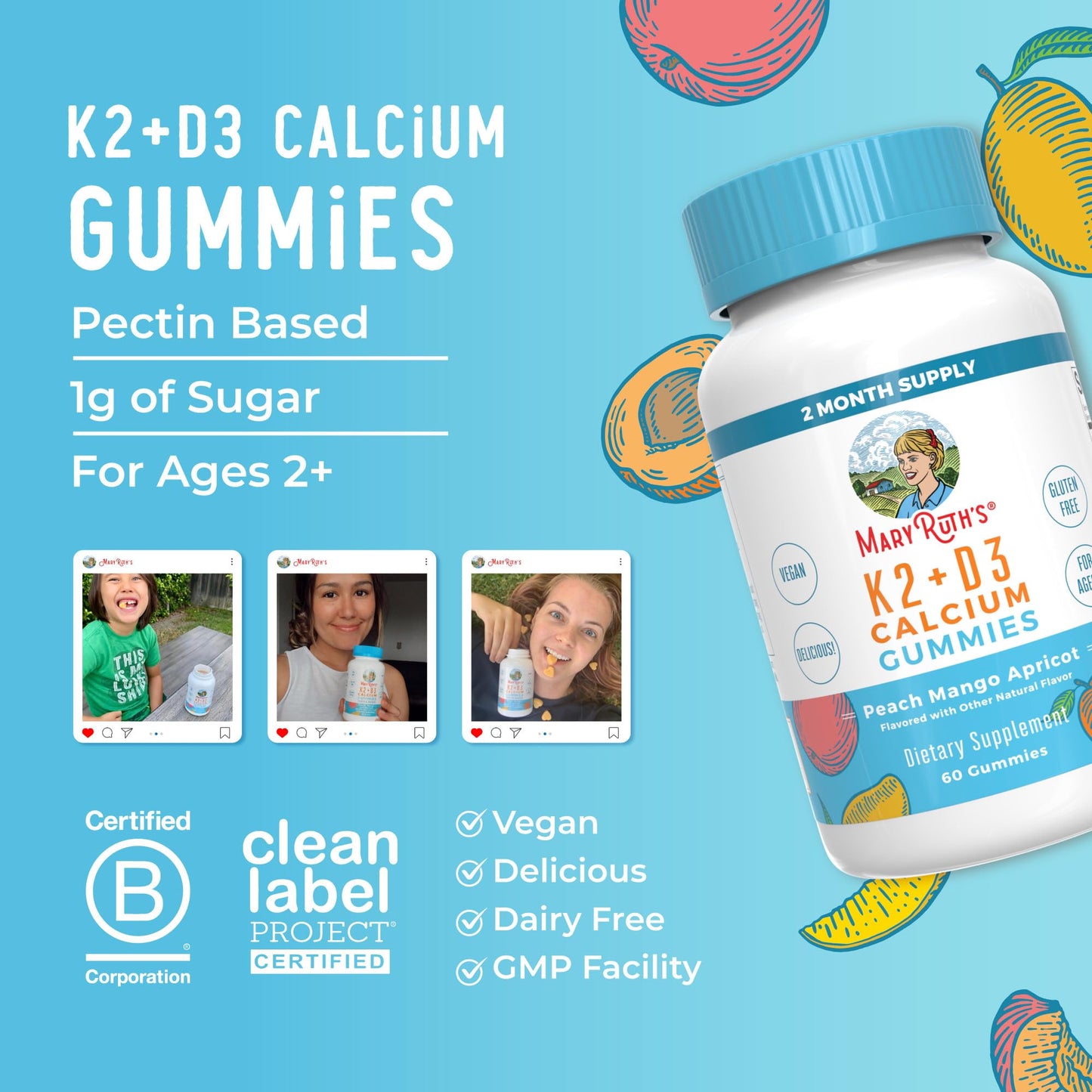 MaryRuth Organics Calcium with Vitamin D & Vitamin K2, 2 Month Supply, Calcium Supplement Supports Bone Health & Joint Support, with Vitamins D3 K2 Gummies, Vegan, Non-GMO, Gluten Free, 60 Count MARYRUTH'SBuy Supplements Australia