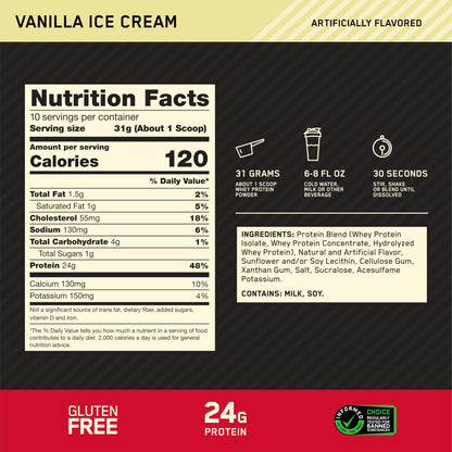 Optimum Nutrition Gold Standard 100% Whey Protein Powder, Vanilla Ice Cream, 0.68 Pound (Pack of 1)