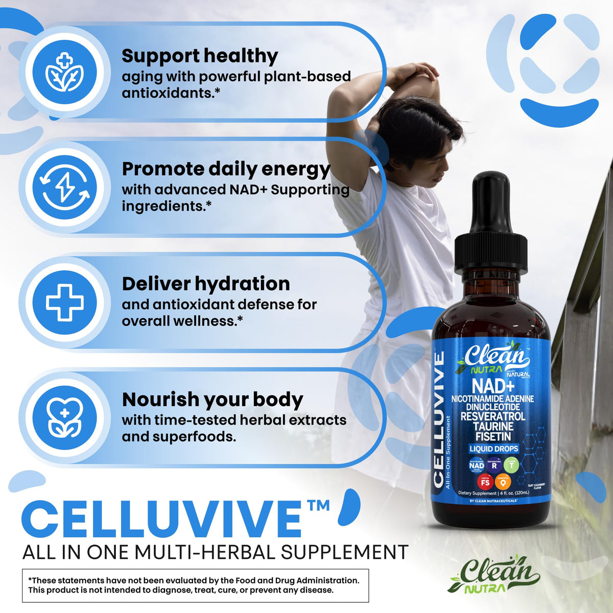 Clean Nutra NAD Liquid Supplement Drops Resveratrol Polyphenols Liposomal Taurine Fisetin Grape Seed Extract Japanese Knotweed Fo Ti Anti Aging NAD+ Nicotinamide Adenine Dinucleotide for Women & Men Clean NutraceuticalsBuy Supplements Australia