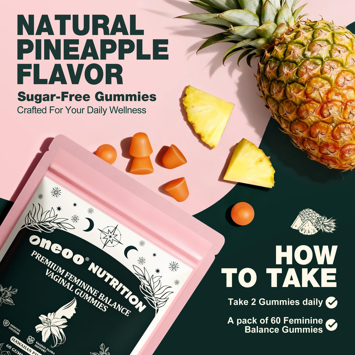 Oneoo Feminine Balance Gummies - Premium Balance Gummies for Women's pH Health, Feminine Gummy for Immune & Energy Support, Vegan, Gluten-Free, Hawaiian Pineapple, 60 Count OneooBuy Supplements Australia