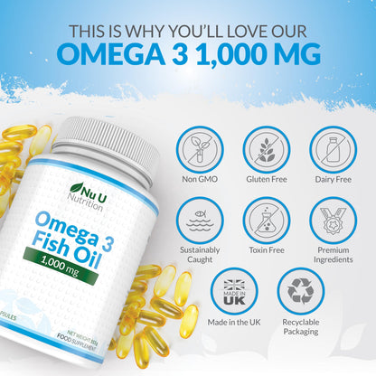 Omega 3 Fish Oil 1000mg - 365 Softgel Capsules - Up to 12 Month’s Supply - Pure Fish Oil Nu U NutritionBuy Supplements Australia