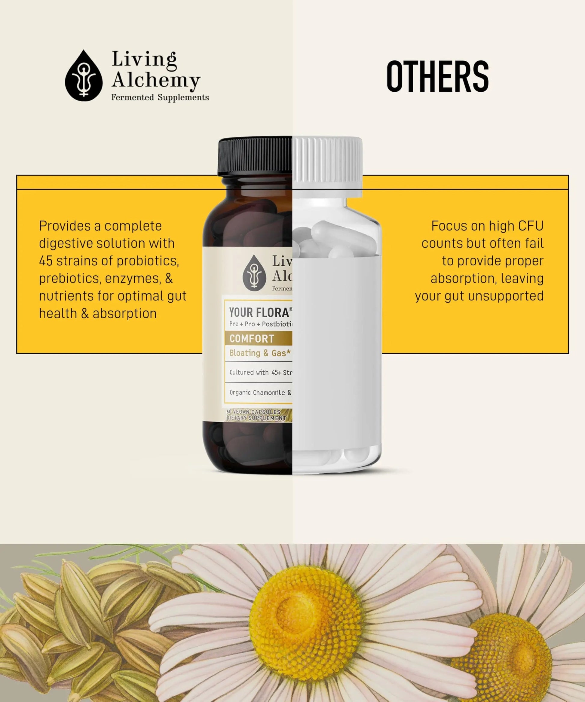Your Flora Probiotic Comfort – Non-GMO Probiotics with Fermented Soybean, Chamomile, Fennel, Prebiotics, Digestive Enzymes for Digestion & Bloating – Prebiotics, Postbiotics – Living Alchemy, 60 Pcs Living AlchemyBuy Supplements Australia