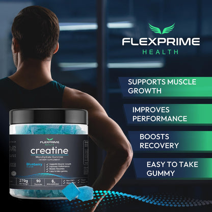 FlexPrime Creatine Gummies Sugar Free - 6g Creatine Monohydrate + L-Taurine, Alpha GPC, Betaine | Vegan Halal Blueberry Chews for Lean Muscle, Strength, Brain Health | Men Women 90 Count FlexPrimeBuy Supplements Australia
