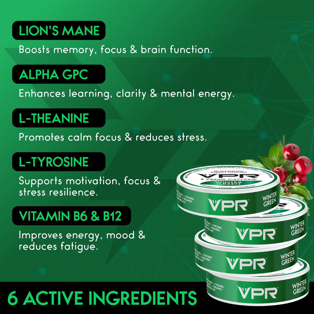 VPR 75MG Caffeine Nootropic Pouches | 20 Count Energy Pouches with Lion's Mane, Alpha-GPC, Vitamin B6 & B12, L-Theanine, and L-Tyrosine | Naturally Flavored Focus Pouches with No Sugar (Variety Pack) VPR EnergyBuy Supplements Australia