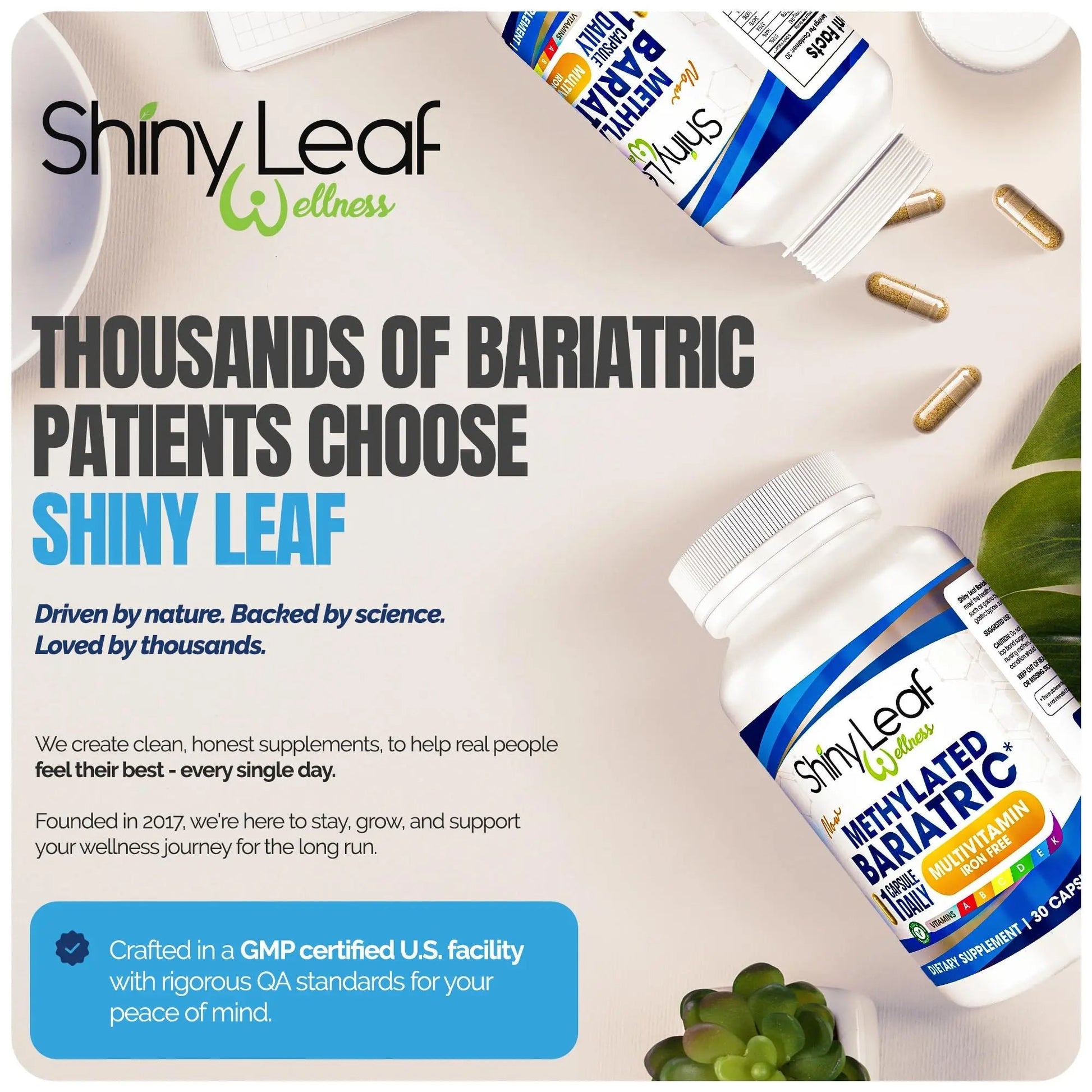 Shiny Leaf Methylated Bariatric Multivitamin Without Iron – Vitamins for Gastric Bypass & Sleeve, 1 Daily Capsule W Methylated Folate Shiny Leaf