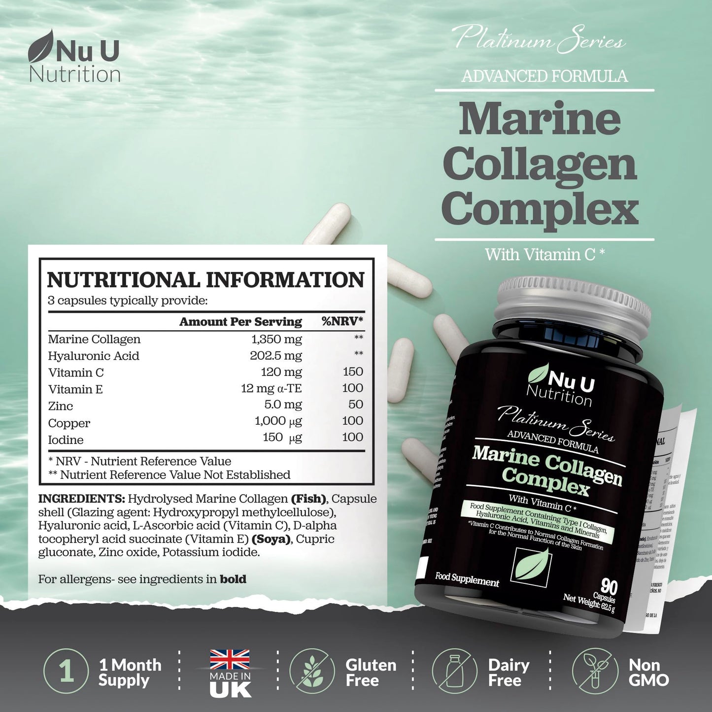 Marine Collagen with Hyaluronic Acid, Vitamin C - 90 Hydrolysed Capsules (not Tablets Nu U NutritionBuy Supplements Australia