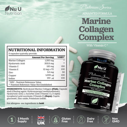 Marine Collagen with Hyaluronic Acid, Vitamin C - 90 Hydrolysed Capsules (not Tablets Nu U NutritionBuy Supplements Australia