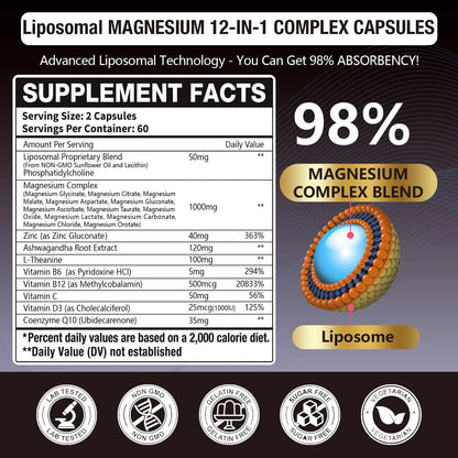 21 in 1 Liposomal 1400mg Magnesium Complex (Citrate, Glycinate, Malate etc) Capsule - 12 Active Types Magnesium with Vitamin D3, B6, B12, C, Ashwagandha & CoQ10 for Women & Men Gulapelst canada supplements