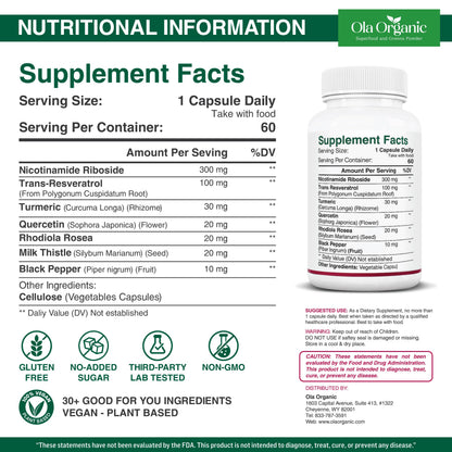 NAD+ Supplement & NAD Booster for Cellular Energy and Healthy Aging – Plant-Based Nicotinamide Riboside (NR) NAD Precursor with Resveratrol, Turmeric, Quercetin, Rhodiola & Milk Thistle – 60 Capsules Ola OrganicBuy Supplements Australia