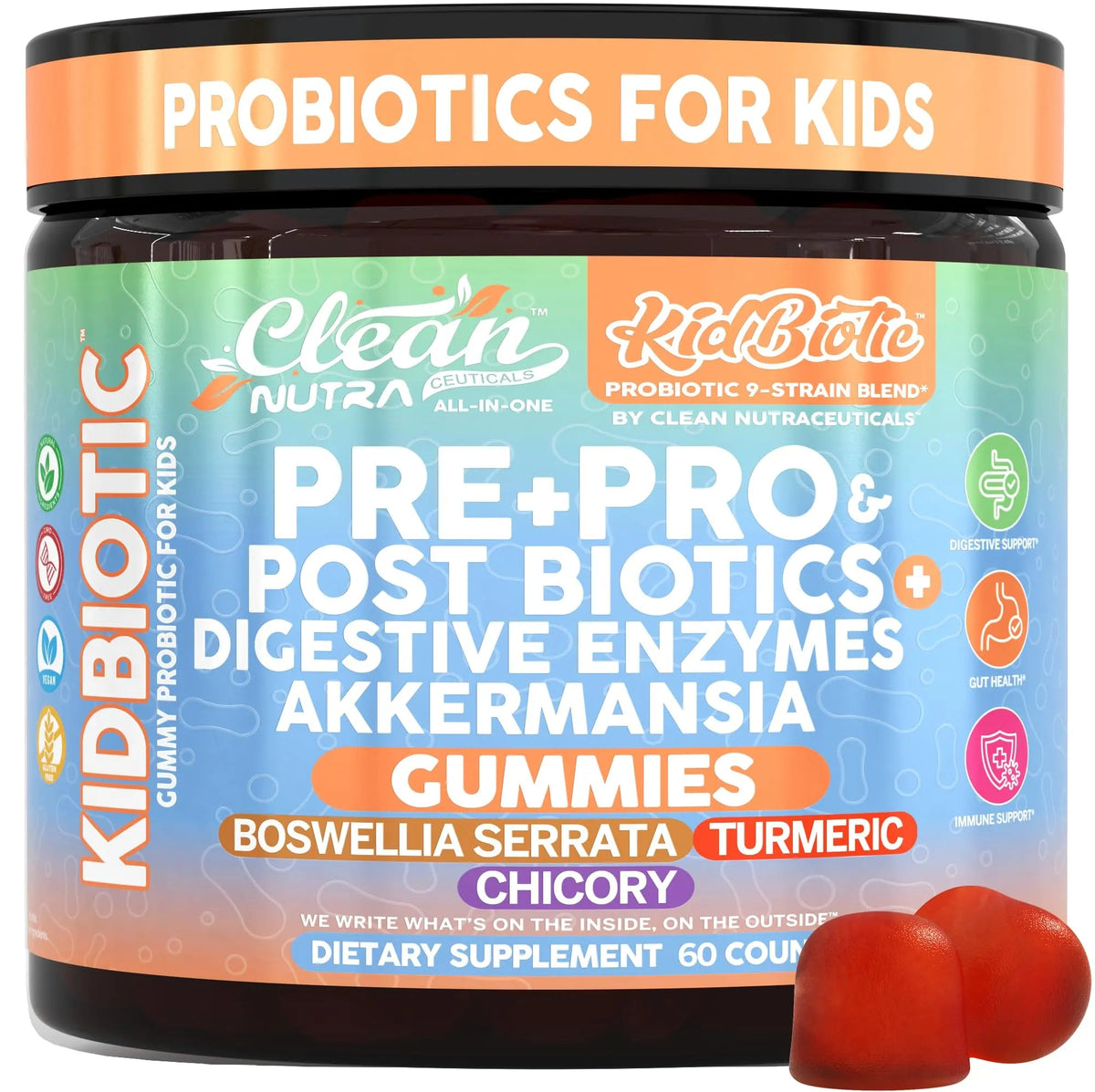 Clean Nutra Kids Probiotics Gummies with Prebiotics, Postbiotics, Digestive Enzymes, Akkermansia, Boswellia Serrata, Turmeric, Chicory – 60 Count – Plant-Based Supplement for Kids – PeachPop Flavor Clean NutraceuticalsBuy Supplements Australia