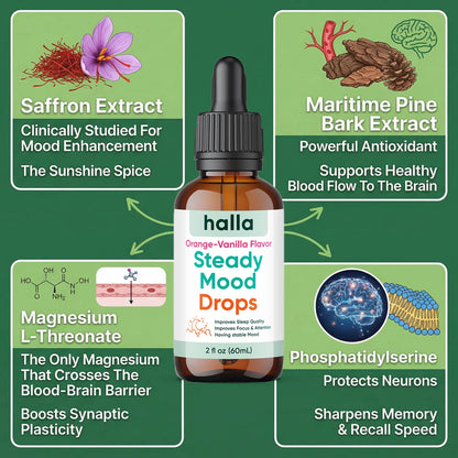 Halla Steady Mood Drops Saffron Extract, Maritime Pine Bark Extract, Phosphatidylserine, Magnesium L-Threonate, Sleep Supplements, Improves Focus & Attention, Mood Support Supplement, 60ml HALLA buy supplements Au