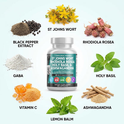 Clean Nutraceuticals St Johns Wort Rhodiola Rosea Holy Basil Ashwagandha - Mood Support for Women and Men with Vitamin C & Black Pepper Extract - 90 Caps Clean Nutraceuticals buy supplements Au