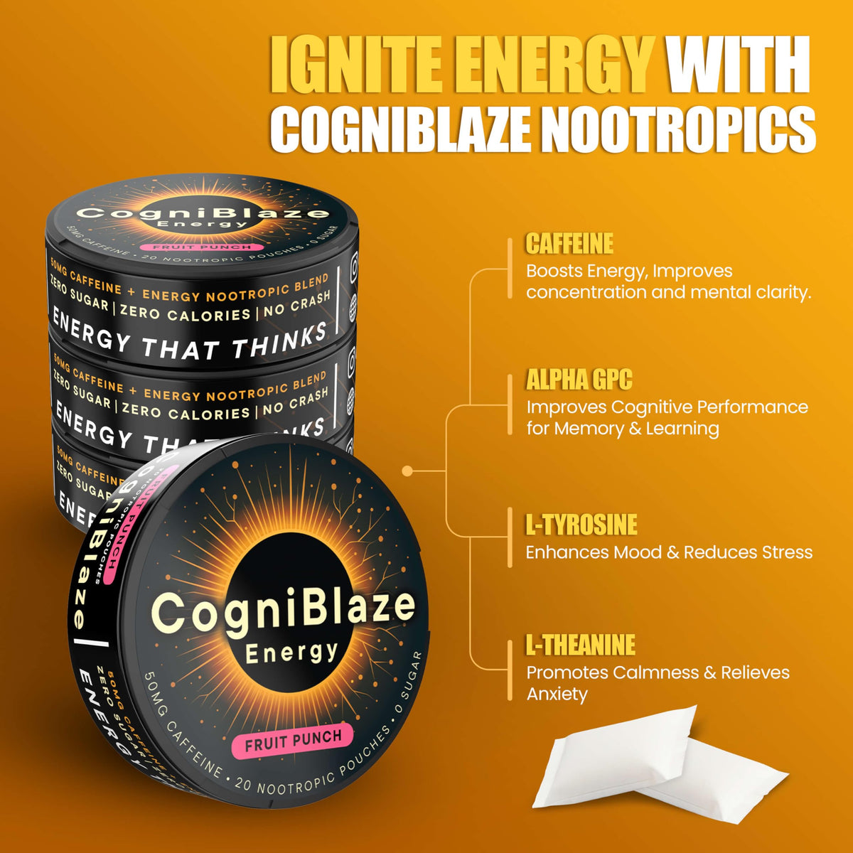 CogniBlaze Caffeine Pouches (Fruit Punch) | Nootropic Energy Pouches with 50mg Caffeine, Alpha GPC, L-Tyrosine & L-Theanine | Zero Sugar | No Artificial Sweeteners | 4 Pack (80 Total) CogniBlazeBuy Supplements Australia