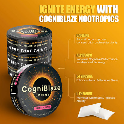 CogniBlaze Caffeine Pouches (Fruit Punch) | Nootropic Energy Pouches with 50mg Caffeine, Alpha GPC, L-Tyrosine & L-Theanine | Zero Sugar | No Artificial Sweeteners | 4 Pack (80 Total) CogniBlazeBuy Supplements Australia
