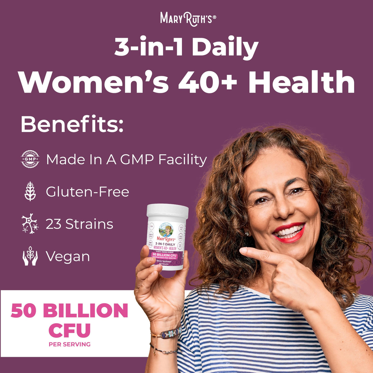 MaryRuth's 3-in-1 Daily Health 40+ Probiotics for Women | Hormonal & Menopause Support Supplement for Women | Gut Health Capsules | 50 Billion CFU | Allergen Free | 30 Ct MARYRUTH'SBuy Supplements Australia