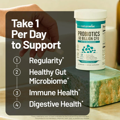 NatureWise Probiotics 60 Billion CFU - 17 Strains + Organic Prebiotics - Immune, Digestive & Gut Health Support for Women & Men - Vegetarian, Gluten-Free, Non-GMO - 30 Capsules[1-Month Supply] NatureWiseBuy Supplements Australia