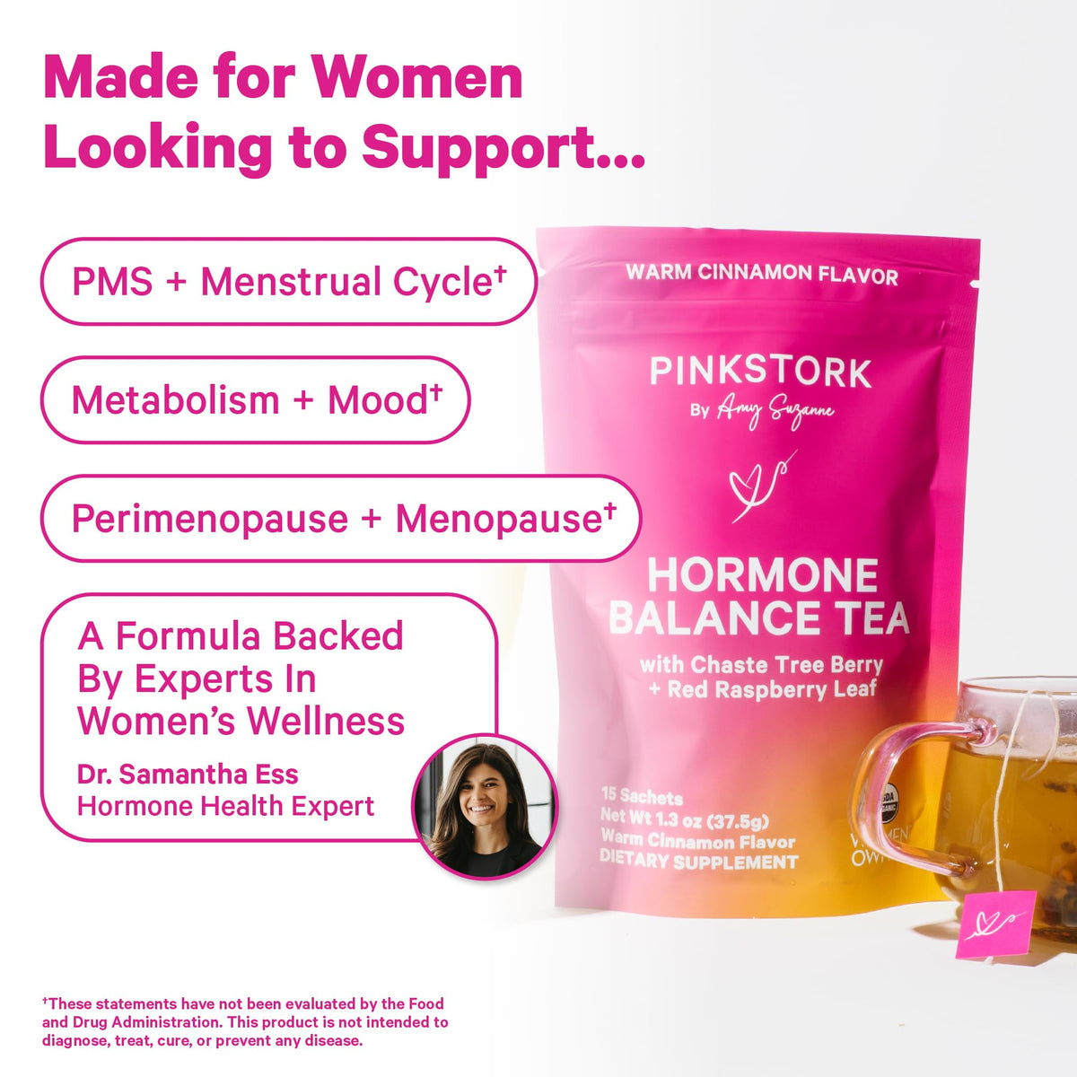 Pink Stork Hormone Balance Tea for Women – Red Raspberry Leaf & Chasteberry (Vitex) – Organic Herbal Tea for PMS, Menstrual Cycle & Perimenopause Support – Caffeine-Free Cinnamon Blend – 30 Cups Pink StorkBuy Supplements Australia