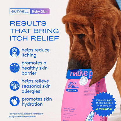 GutWell Itchy Skin - Dog Itching Skin Relief & Seasonal Allergy Itch Relief for Dogs - Promotes Skin Hydration, Elasticity & Healthy Barrier with Triple-biotic Blend, Zinc, & Vitamin E - 60 Scoops Native PetBuy Supplements Australia