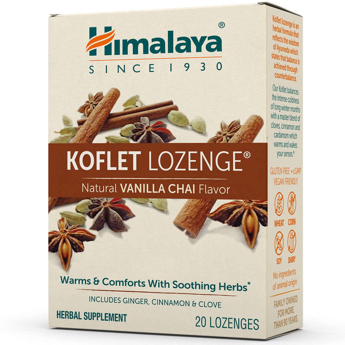 Himalaya Koflet Lozenges, Vanilla Chai Flavor, Natural Herbal Cough Drop for Warming Relief and Soothing Comfort, 130 mg, 20 Lozenge Himalaya buy supplements Au