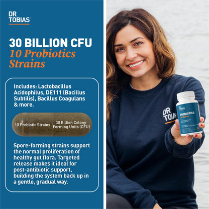 Dr. Tobias Probiotics 30 Billion, 10 Strains, 30 Billion CFU's, Targeted Release Probiotics for Women & Men, Supports Digestive Health, Shelf-Stable,