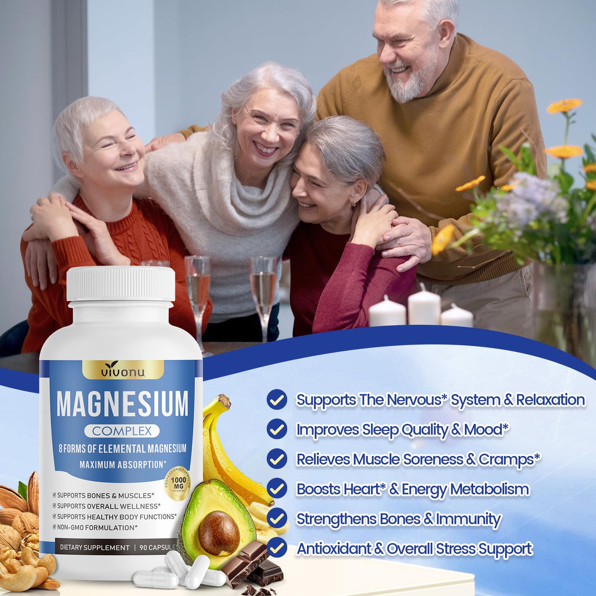 1000mg Magnesium Complex for Women & Men*, 8 Elemental with Magnesium Glycinate, Citrate, Malate, Taurate, Oxide, Carbonate, Aspartate, Orotate for Bones, Muscle