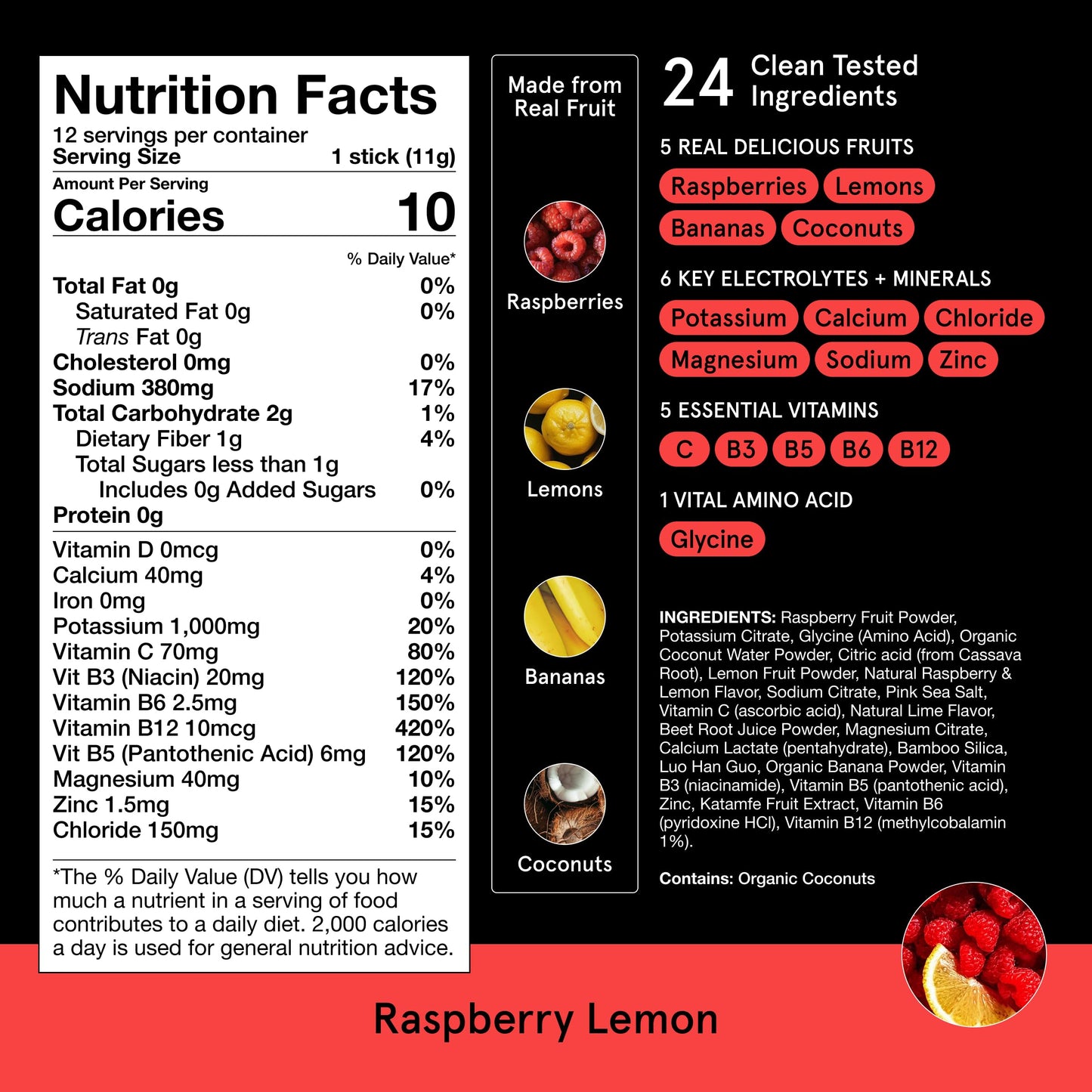 DryWater Electrolyte Powder Packets, Raspberry Lemon - Stevia-Free Hydration Packets Drink Mix with Zero Added Sugar for Rehydration & Energy - 6 Key Electrolytes