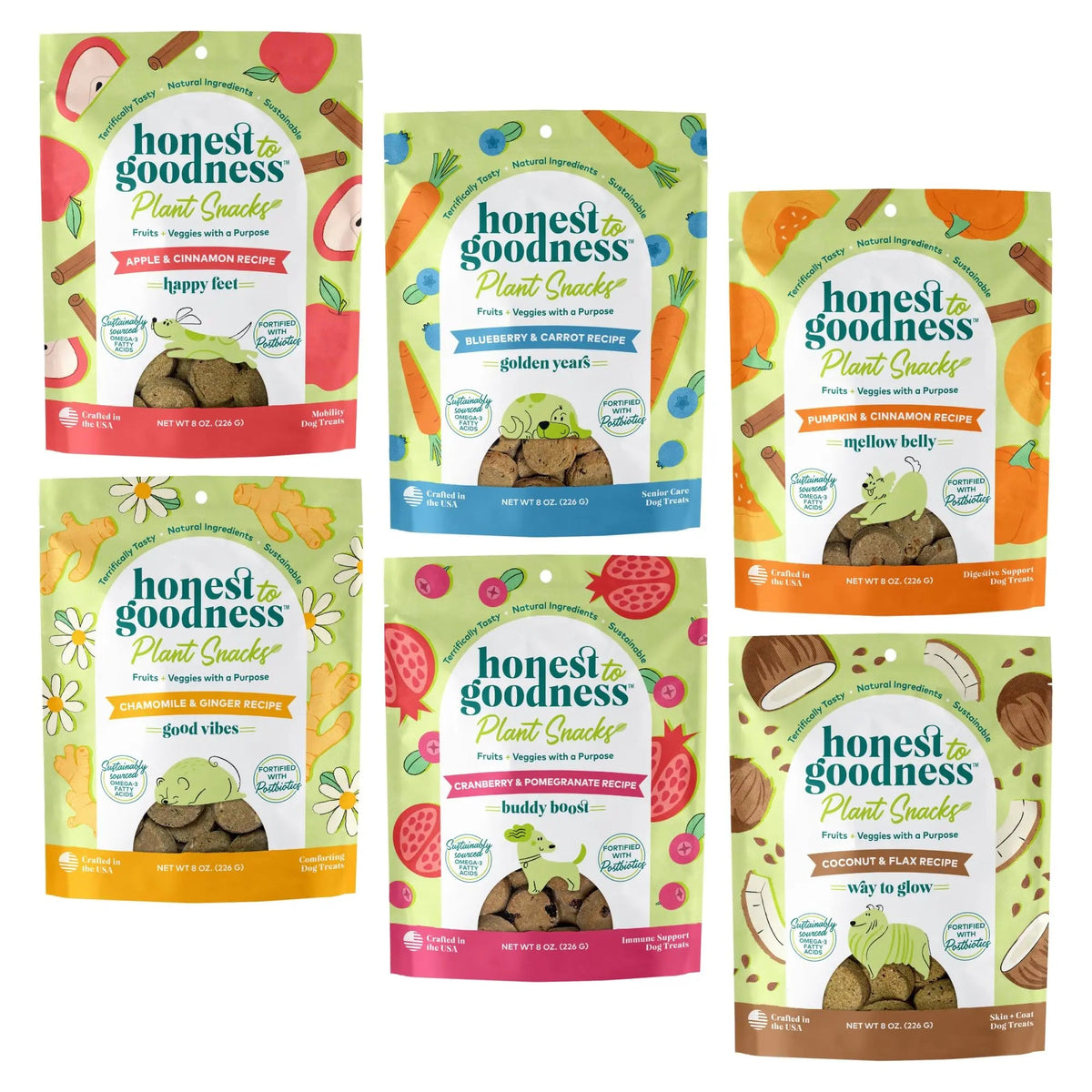 Honest to Goodness Plant Snacks Dog Treats, Enriched with Omega 3s & Postbiotics, 8oz Variety Pack, 6 Bags Honest to GoodnessBuy Supplements Australia