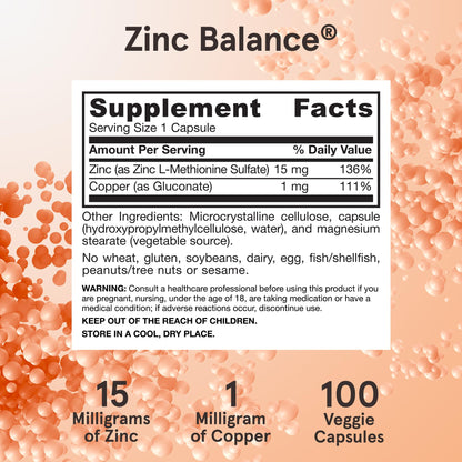 Jarrow Formulas Zinc Balance 15 mg - 100 Servings (Veggie Caps) - Zinc with Copper - Essential Minerals for Immune System Support - Immune Support Supplement - Gluten Free Copper Supplement, Vegan Jarrow FormulasBuy Supplements Australia