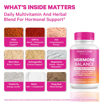 Pink Stork Hormone Balance Multivitamin for Women | 18-in-1 Vitex, Saffron, Ashwagandha, Magnesium | Mood, Energy, Cortisol, Adrenal Support | PMS, Perimenopause Support | 60 Vegan Capsules Pink StorkBuy Supplements Australia