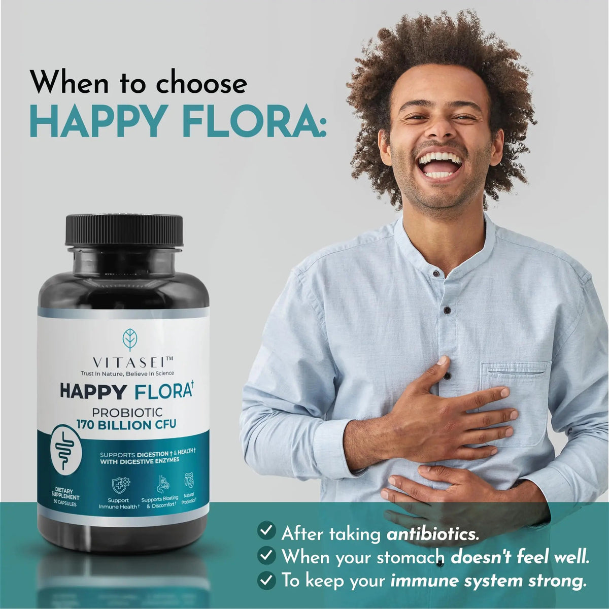VITASEI Happy Flora, Probiotic Supplement 170 Billion CFU for a Healthy Gut Health with enzymes for Digestion, probiotics for Women and Men, 1 Bottle - 60 Capsules VITASEIBuy Supplements Australia