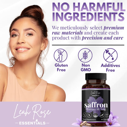 Leah Rose Essentials Saffron Supplement 88.5mg | Mood, Focus, and Stress Support | 60 Premium Saffron Extract Capsules | Made in the USA | 3rd Party Lab Tested | Non-GMO, Vegan, Gluten-Free Leah Rose Essentials buy supplements Au