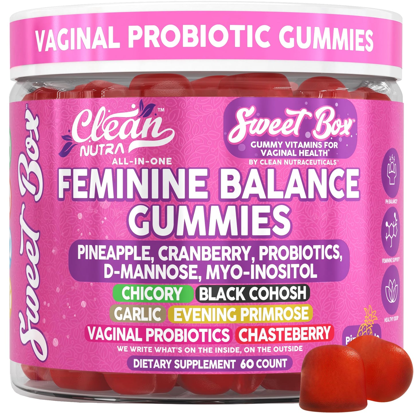 Clean Nutra Feminine Balance Gummies for Women Pineapple VaginalProbiotics pH Balance Cranberry D Mannose Supplement Inositol Black Cohosh Evening Primrose Garlic Vitex GLA Prebiotics Folate 60ct Clean NutraceuticalsBuy Supplements Australia