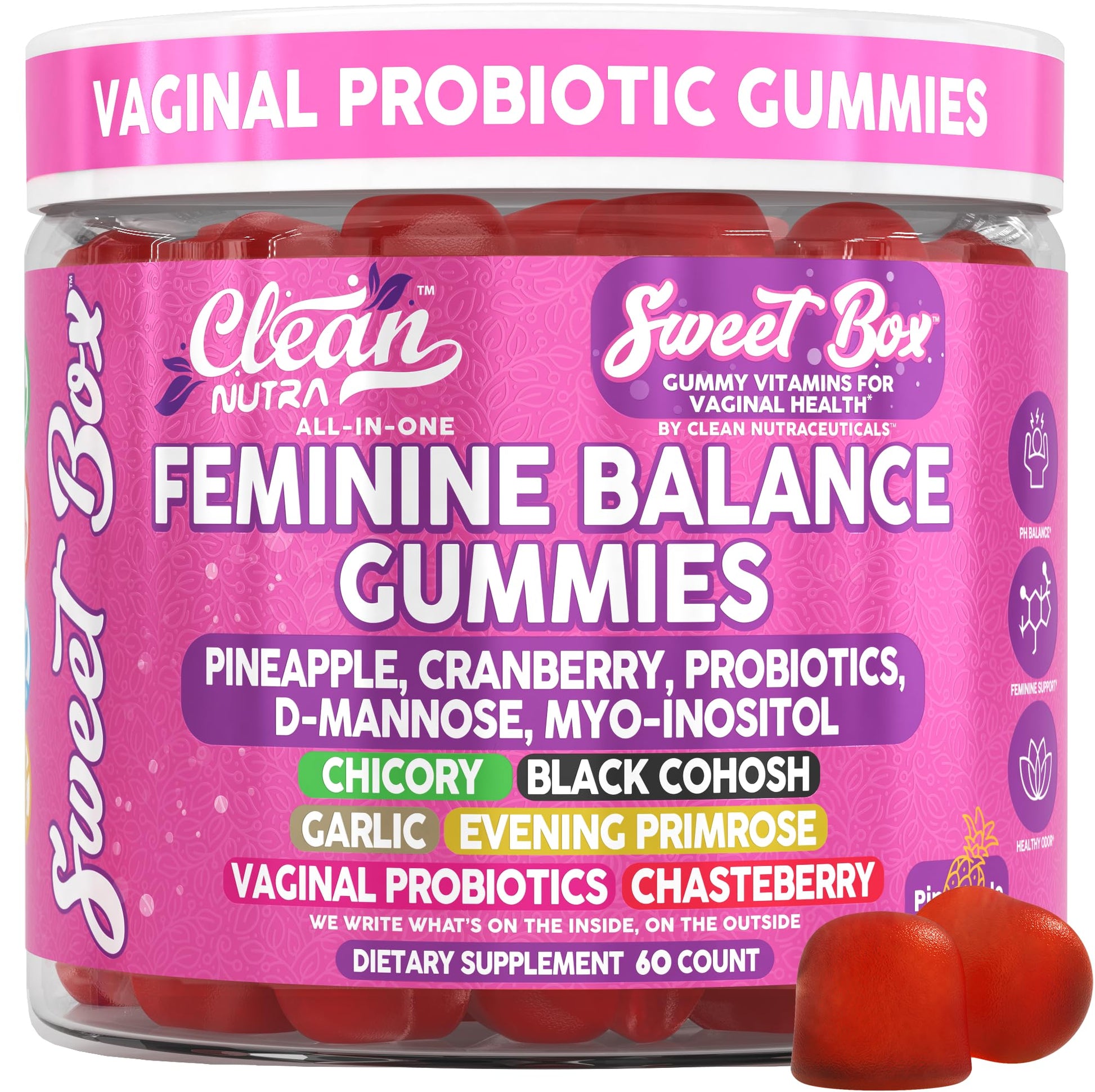 Clean Nutra Feminine Balance Gummies for Women Pineapple VaginalProbiotics pH Balance Cranberry D Mannose Supplement Inositol Black Cohosh Evening Primrose Garlic Vitex GLA Prebiotics Folate 60ct Clean NutraceuticalsBuy Supplements Australia