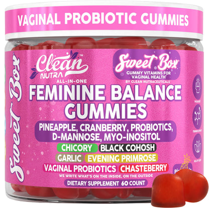 Clean Nutra Feminine Balance Gummies for Women Pineapple VaginalProbiotics pH Balance Cranberry D Mannose Supplement Inositol Black Cohosh Evening Primrose Garlic Vitex GLA Prebiotics Folate 60ct Clean NutraceuticalsBuy Supplements Australia