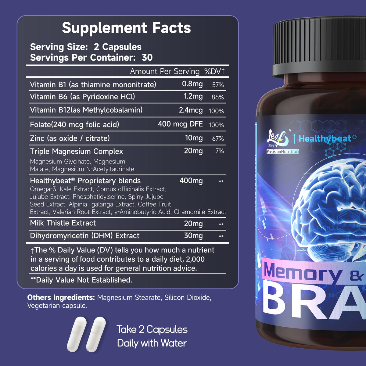 LeafStory Nootropic Brain Supplements for Memory and Focus, Cognitive Function for Mental Health & Clarity, Vitamin B6 B12, Folate & Dihydromyricetin, 60 Capsules LeafStoryBuy Supplements Australia