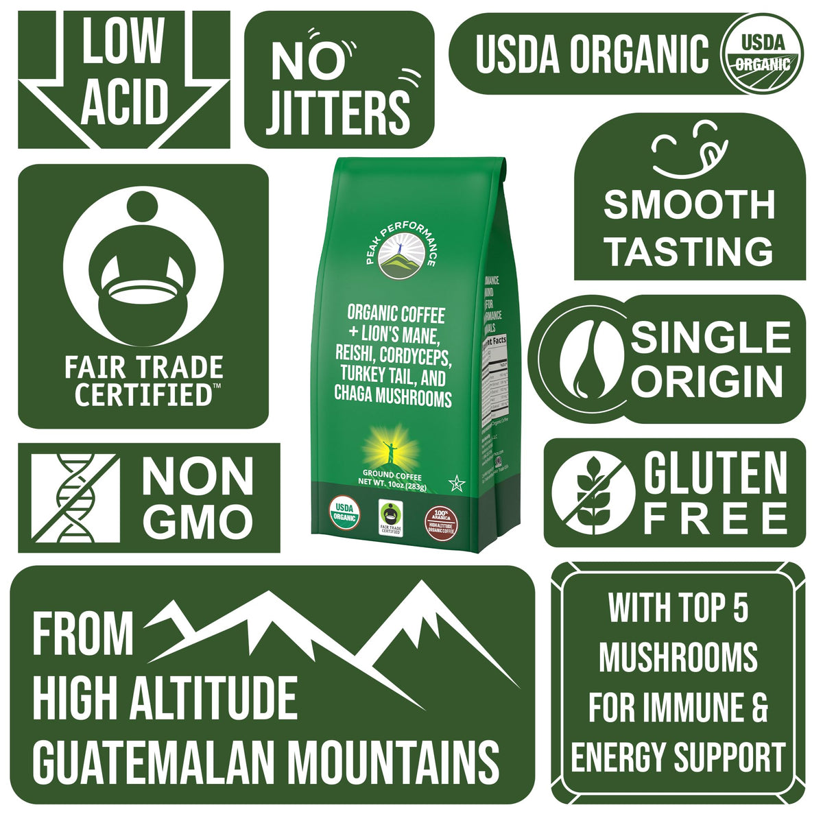 Organic Low Acid Mushroom Coffee with Lion's Mane, Reishi, Cordyceps, Turkey Tail, and Chaga Mushrooms - Great Tasting Premium High Altitude Medium Roast Ground Bags 10 oz by Peak Performance Peak PerformanceBuy Supplements Australia