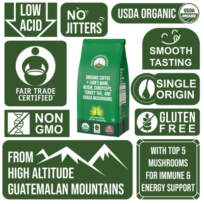 Organic Low Acid Mushroom Coffee with Lion's Mane, Reishi, Cordyceps, Turkey Tail, and Chaga Mushrooms - Great Tasting Premium High Altitude Medium Roast Ground Bags 10 oz by Peak Performance Peak PerformanceBuy Supplements Australia