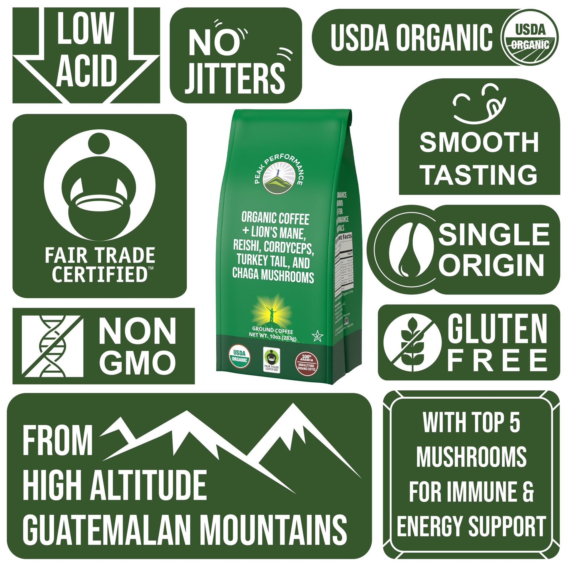 Organic Low Acid Mushroom Coffee with Lion's Mane, Reishi, Cordyceps, Turkey Tail, and Chaga Mushrooms - Great Tasting Premium High Altitude Medium Roast Ground Bags 10 oz by Peak Performance Peak PerformanceBuy Supplements Australia
