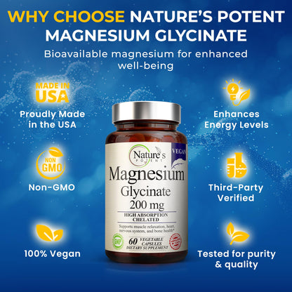 Nature’s Potent Magnesium Glycinate 200mg | High Absorption Chelated Magnesium | Sleep, Calm & Muscle Cramp Support | Vegan Supplement | 60 Capsules Nature's PotentBuy Supplements Australia