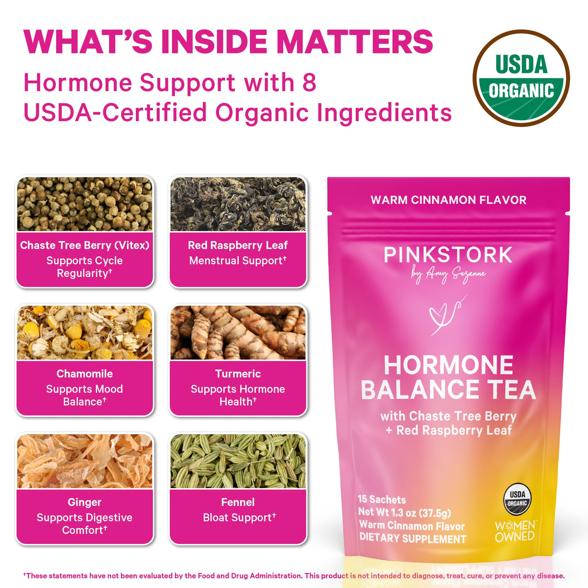 Pink Stork Hormone Balance Tea for Women – Red Raspberry Leaf & Chasteberry (Vitex) – Organic Herbal Tea for PMS, Menstrual Cycle & Perimenopause Support – Caffeine-Free Cinnamon Blend – 30 Cups Pink StorkBuy Supplements Australia