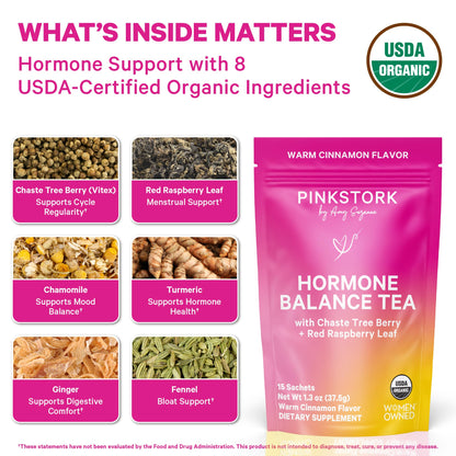 Pink Stork Hormone Balance Tea for Women – Red Raspberry Leaf & Chasteberry (Vitex) – Organic Herbal Tea for PMS, Menstrual Cycle & Perimenopause Support – Caffeine-Free Cinnamon Blend – 30 Cups Pink StorkBuy Supplements Australia