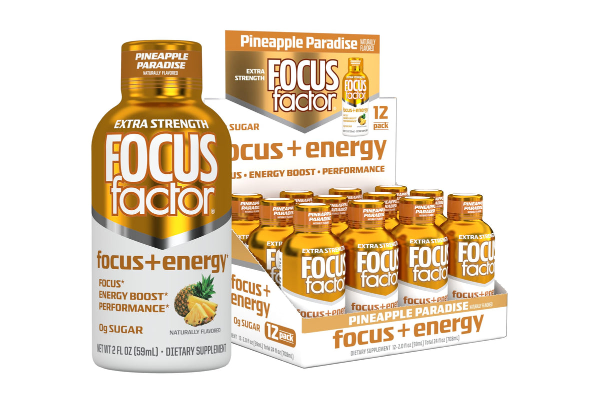 Focus Factor Extra Strength Focus + Energy Shots - 12 x 2oz Bottles (Pineapple Paradise Flavor) - Powered by Nootropics with Caffeine, L-Theanine, Ginkgo, Bacopa, L-Tyrosine, Alpha GPC Focus FactorBuy Supplements Australia