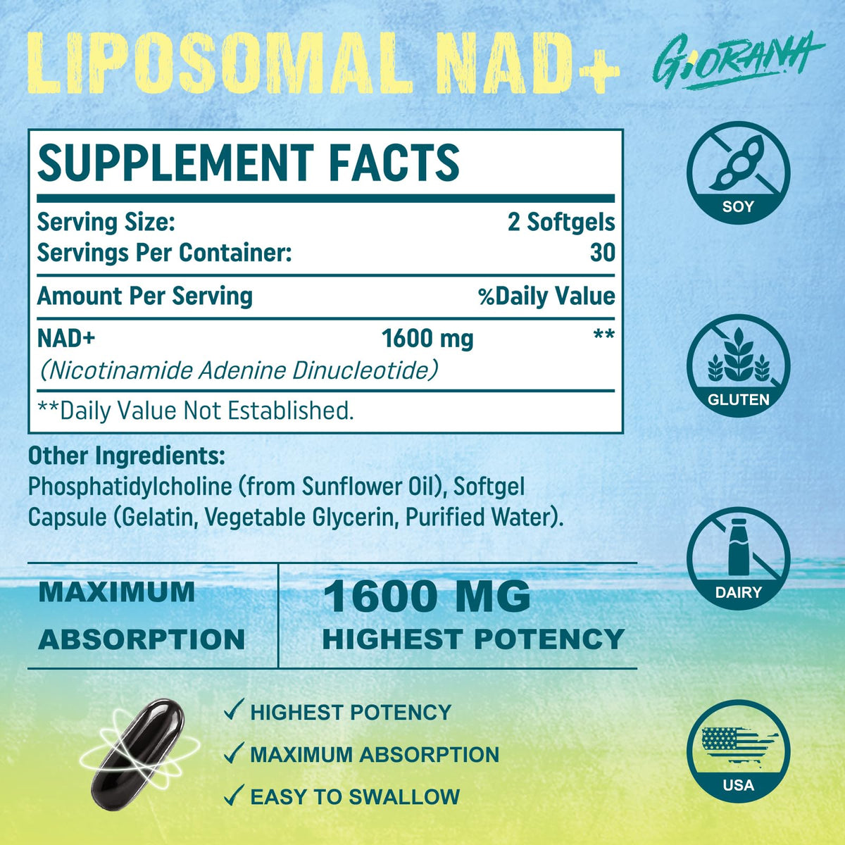 GIORANA 1600 MG Liposomal NAD+ Supplement, NAD+ Boosting Supplement, Superior Absorption, Vitamin B3 for Aging Defense, Longevity, Energy, Repair, Non-GMO, 60 Softgels GIORANABuy Supplements Australia