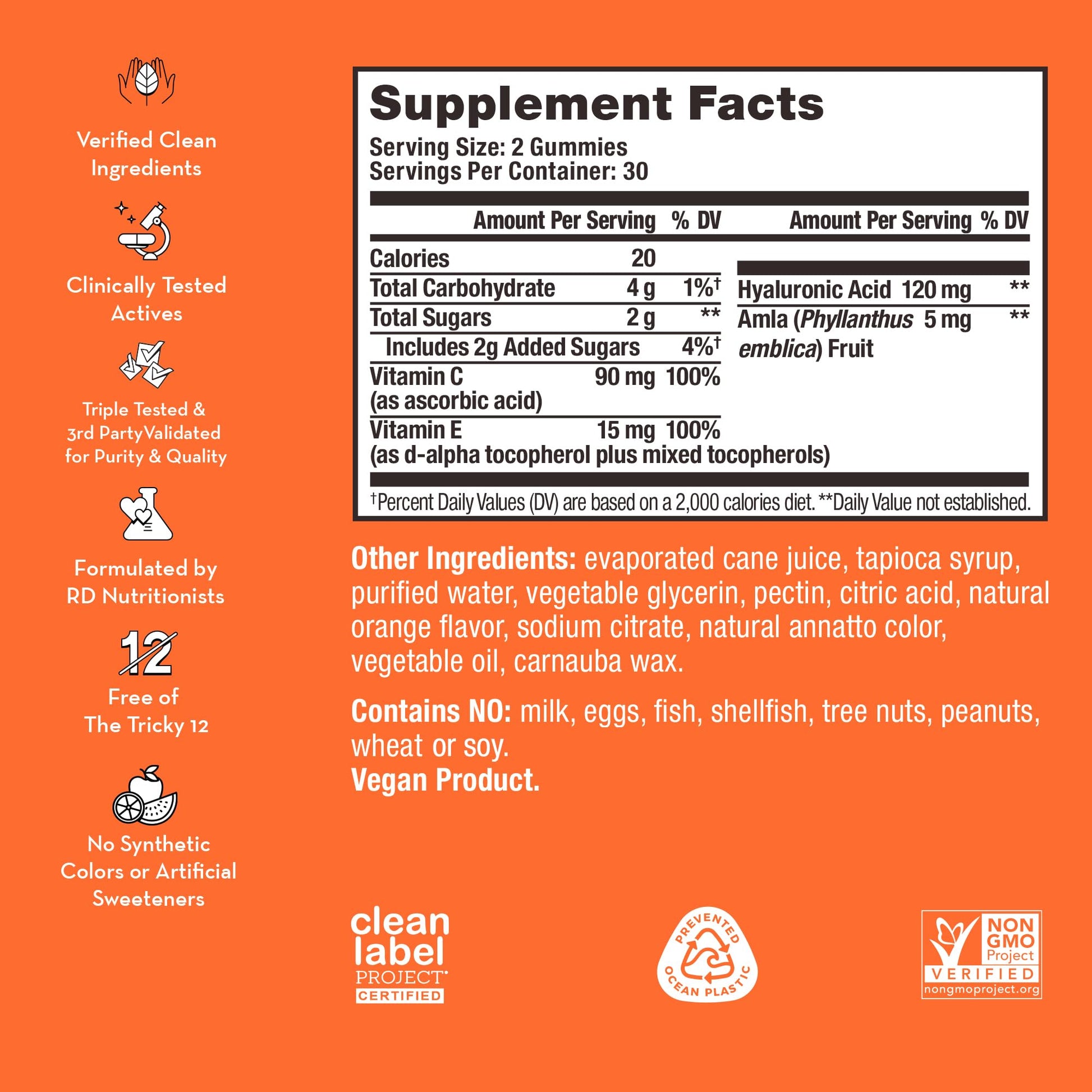 HUM Hyaluronic Glow Hydrating Skin Care Supplement, with Low Molecular Hyaluronic Acid, Vitamin C from Amla Fruit, and Vitamin E, Antioxidant Support for Skin Hydration, Tangerine, 60 Vegan Gummies HUMBuy Supplements Australia