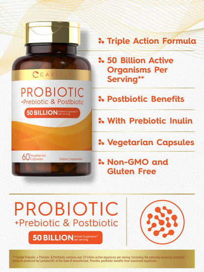 Carlyle Probiotic for Women and Men | 50 Billion CFU | 60 Capsules | Plus Prebiotic and Postbiotic | Complex Supplement | Vegetarian, Non-GMO, and Gluten Free