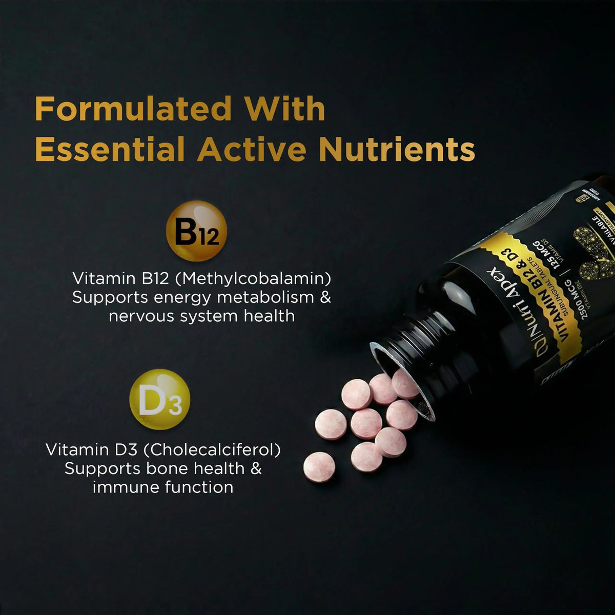 Nutri Apex Vitamin B12 & D3 Sublingual Tablets - 2500 mcg B12 & 125 mcg (5000 IU) D3 - Highly Bioavailable for Energy, Mood & Bone Health - Lab-Tested Nutri ApexBuy Supplements Australia