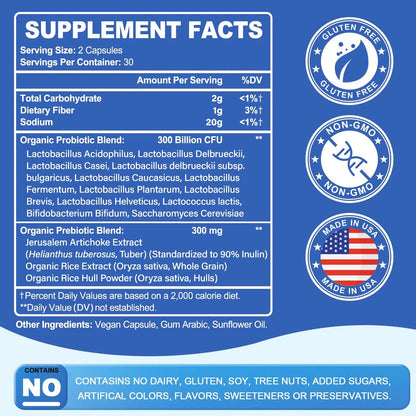 Probiotic 300 Billion CFU - 12 Strains with Organic Prebiotics for Digestive & Gut, Immune, Bloating Health - Probiotics for Women and Men - Daily Dairy Free, Shelf Stable - 60 Counts Linkvibe buy supplements Au