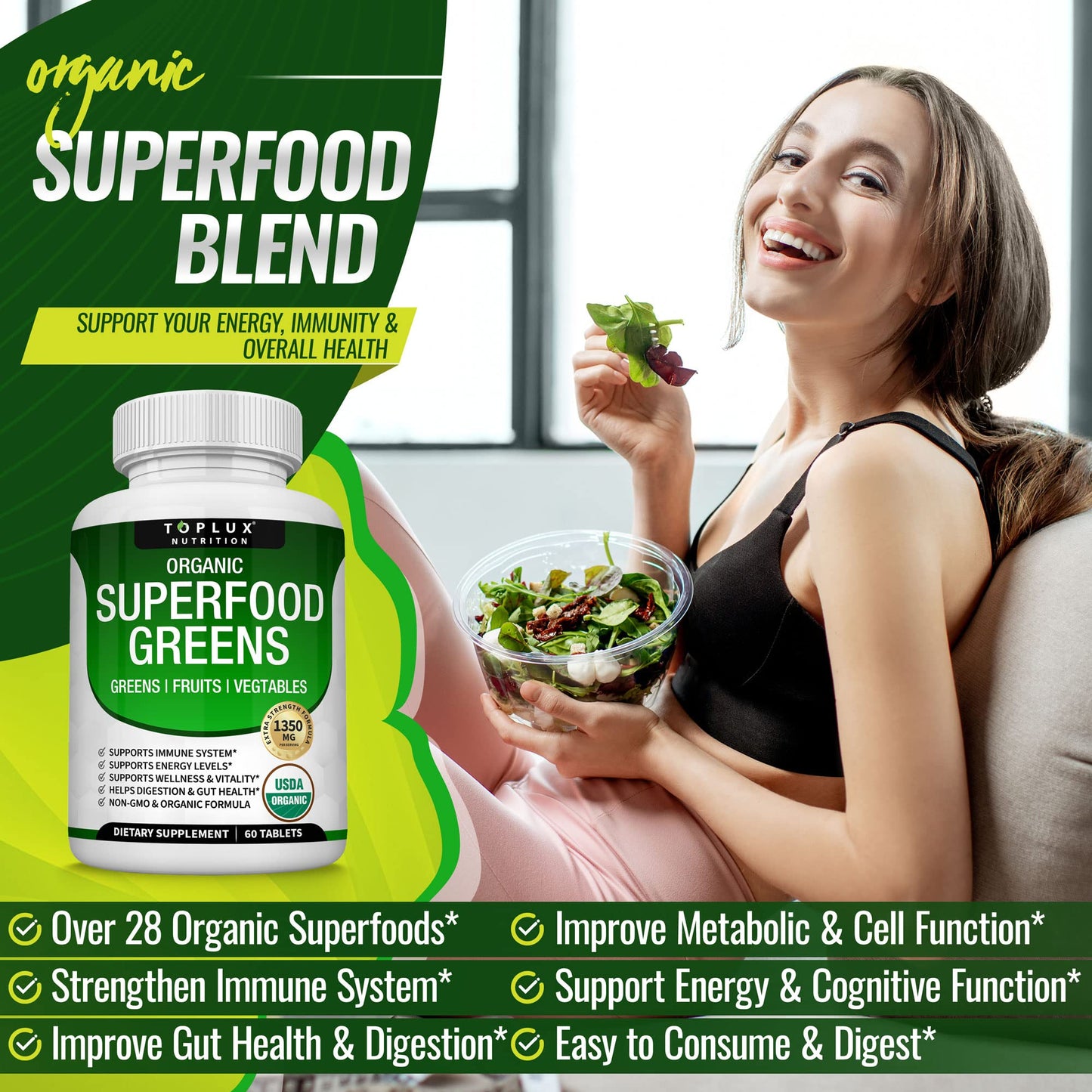 Organic Super Greens Capsules Superfood Fruit Veggie Supplement - 28 Powerful Natural TopluxBuy Supplements Australia