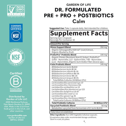 Garden of Life Dr. Formulated Pre, Post & Probiotics Calm 50 Billion CFU Daily 3-in-1 Complete Supplement with Ashwagandha – Mood Support, Digestive & Immune Support, 30 Vegetarian Capsules Garden of LifeBuy Supplements Australia