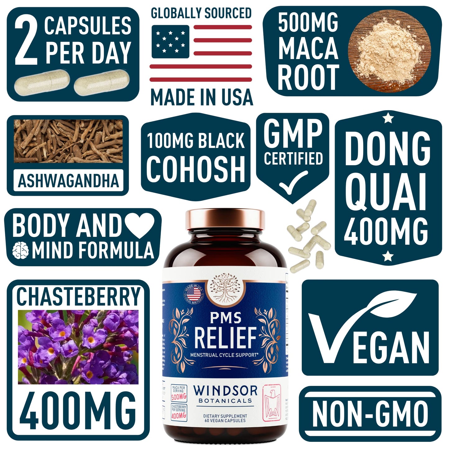 PMS Support Supplement for Women with Chasteberry, Maca Root, Ashwagandha - Period Relief, Bloating Relief for Women, Mood Support, Hormone Balance Herbal Supplements - 30 Day, 60 Vegan Capsules WINDSOR BOTANICALSBuy Supplements Australia